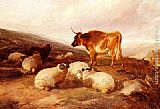Rams And A Bull In A Highland Landscape by Thomas Sidney Cooper